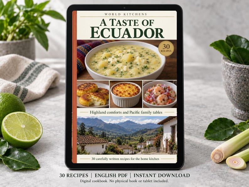 Digital cookbook mockup displaying the actual A Taste of Ecuador cover. English PDF download only; no tablet or physical book included.