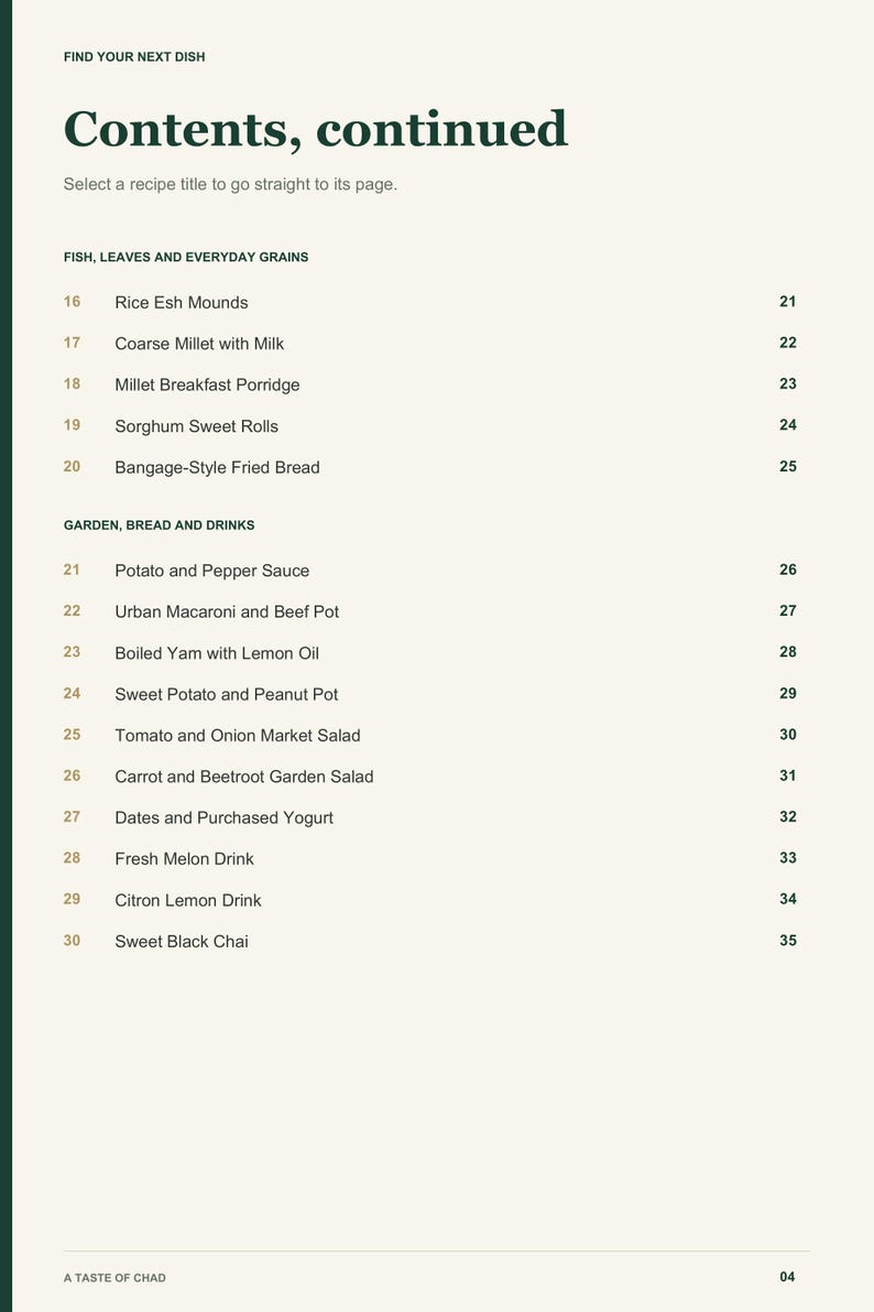 Actual PDF page 4 from A Taste of Chad: Contents, page 2.