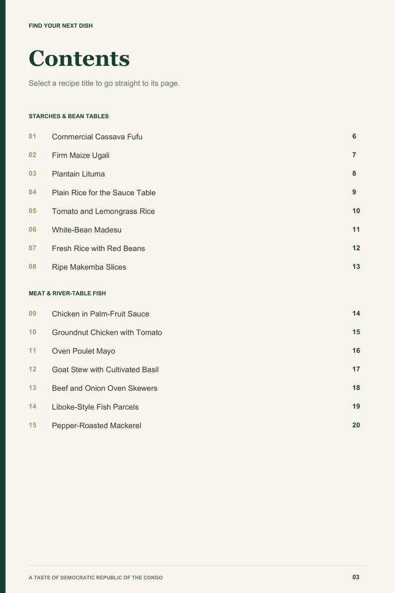 Actual PDF page 3 from A Taste of Democratic Republic of the Congo: Contents, page 1.