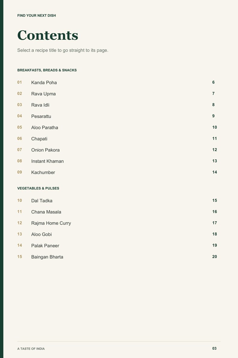 Actual PDF page 3 from A Taste of India: Contents, page 1.