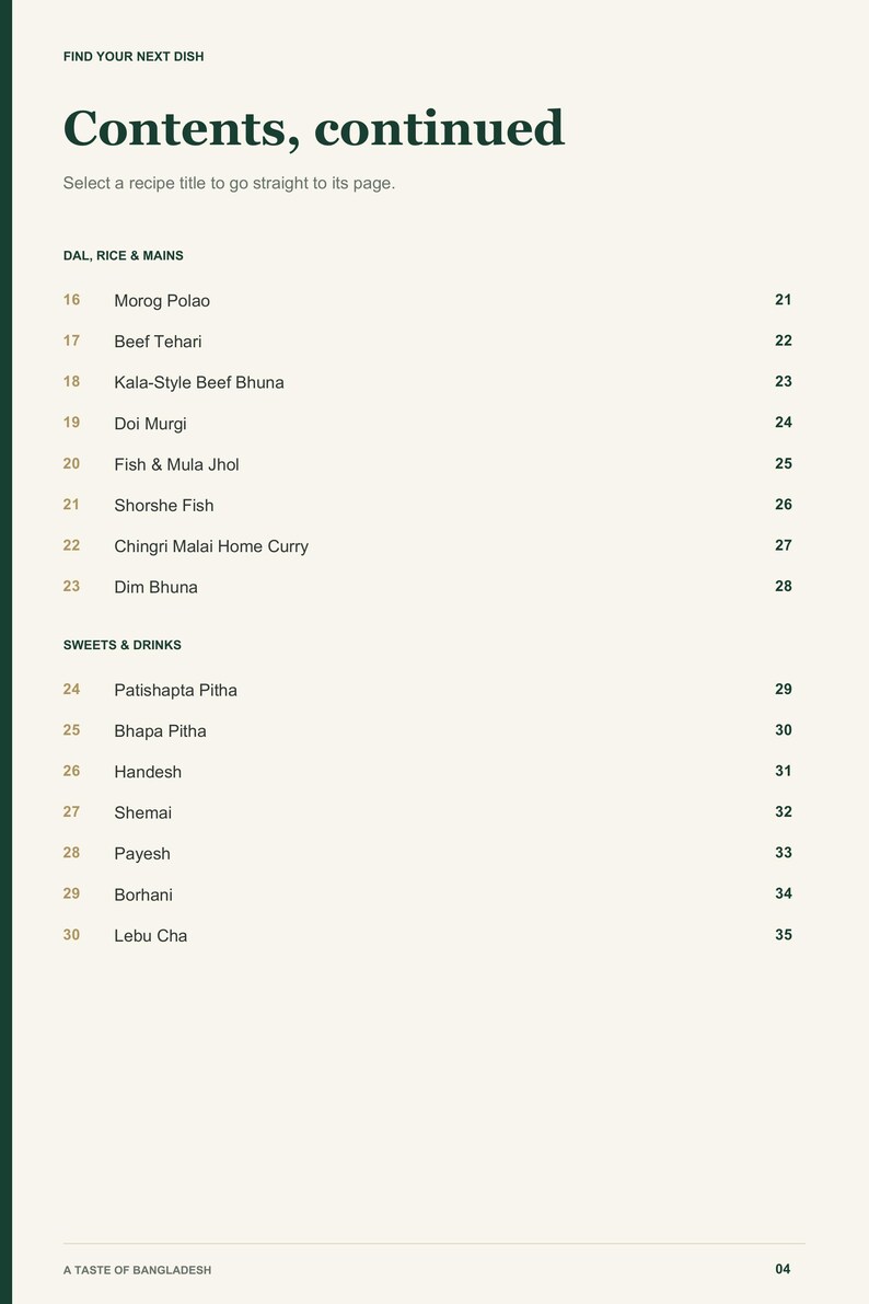 Actual PDF page 4 from A Taste of Bangladesh: Contents, page 2.