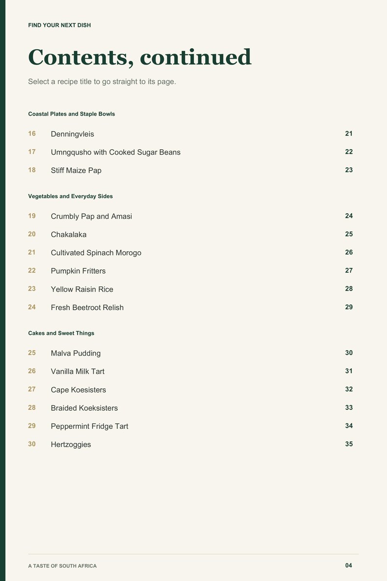 Actual PDF page 4 from A Taste of South Africa: Contents, page 2.