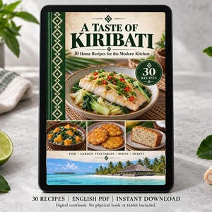 Digital cookbook mockup displaying the actual A Taste of Kiribati cover. English PDF download only; no tablet or physical book included.