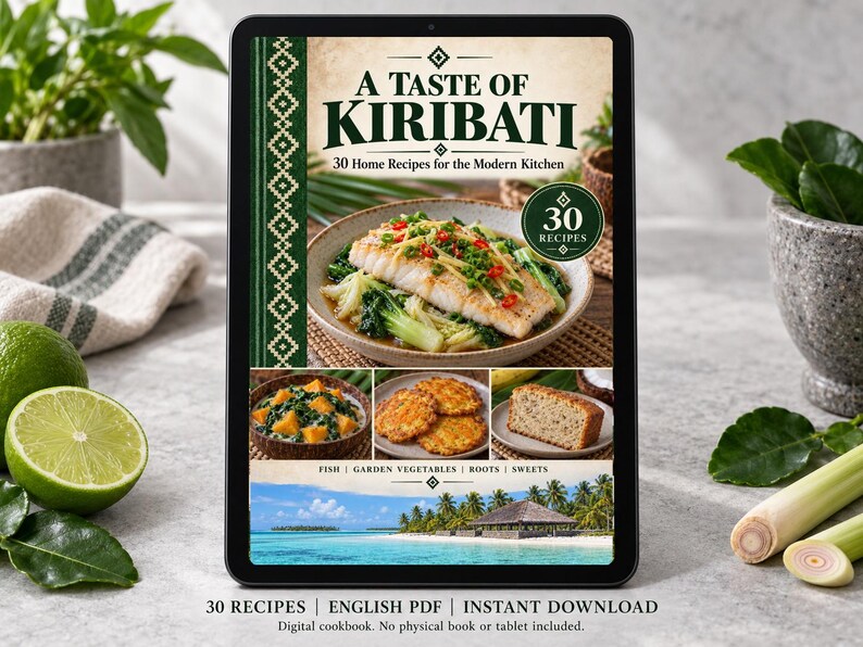 Digital cookbook mockup displaying the actual A Taste of Kiribati cover. English PDF download only; no tablet or physical book included.