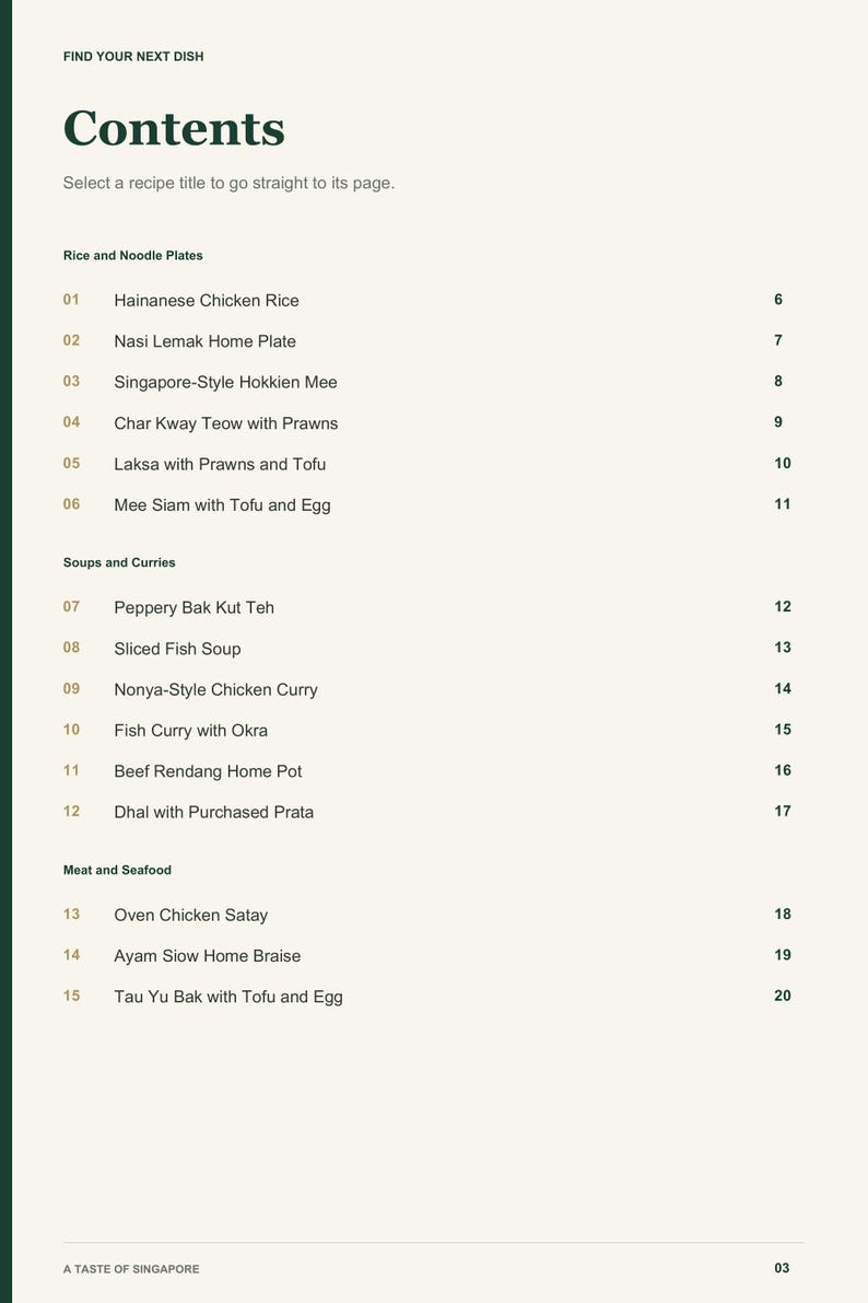 Actual PDF page 3 from A Taste of Singapore: Contents, page 1.