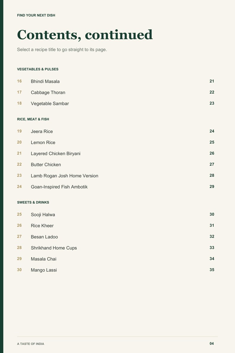 Actual PDF page 4 from A Taste of India: Contents, page 2.