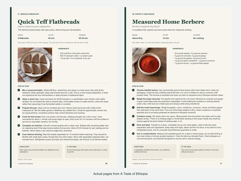Two actual recipe pages from A Taste of Ethiopia.