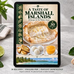 Digital cookbook mockup displaying the actual A Taste of Marshall Islands cover. English PDF download only; no tablet or physical book included.