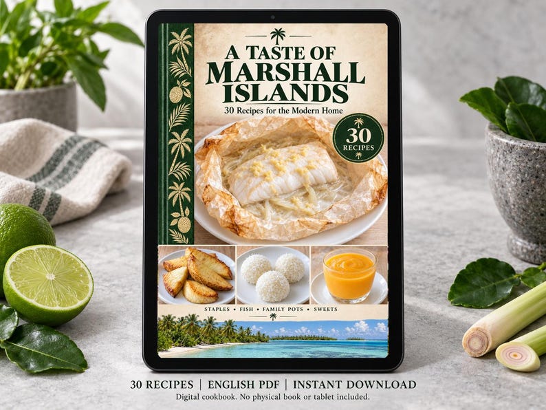 Digital cookbook mockup displaying the actual A Taste of Marshall Islands cover. English PDF download only; no tablet or physical book included.