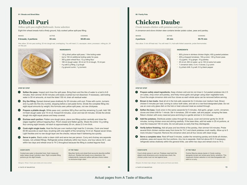 Two actual recipe pages from A Taste of Mauritius.