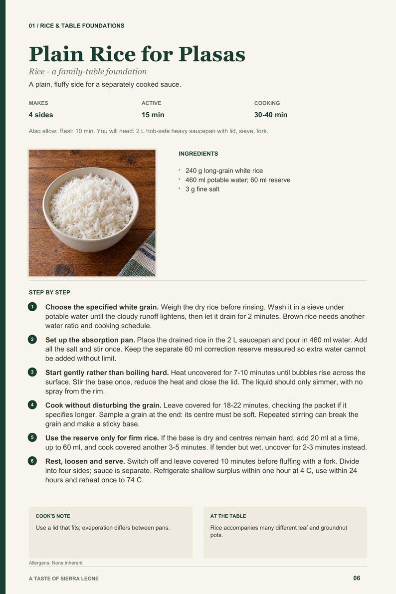 Actual PDF page 6 from A Taste of Sierra Leone: Plain Rice for Plasas recipe page.