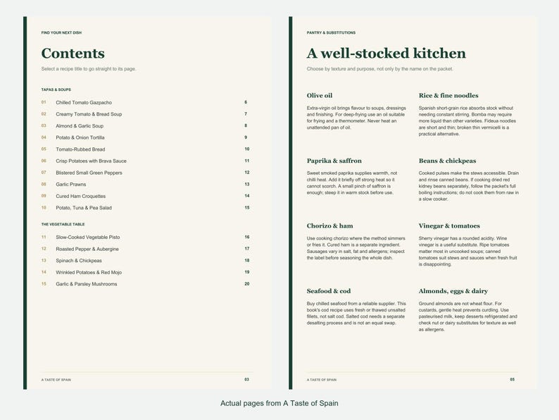 Actual contents and kitchen-notes pages from A Taste of Spain.