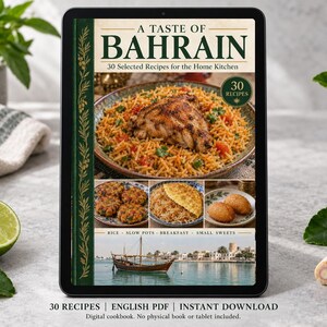 Digital cookbook mockup displaying the actual A Taste of Bahrain cover. English PDF download only; no tablet or physical book included.