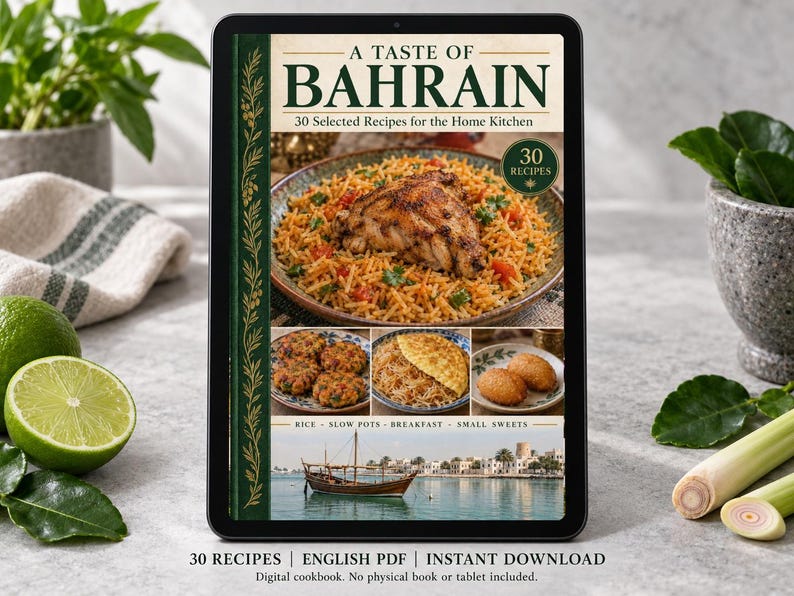 Digital cookbook mockup displaying the actual A Taste of Bahrain cover. English PDF download only; no tablet or physical book included.