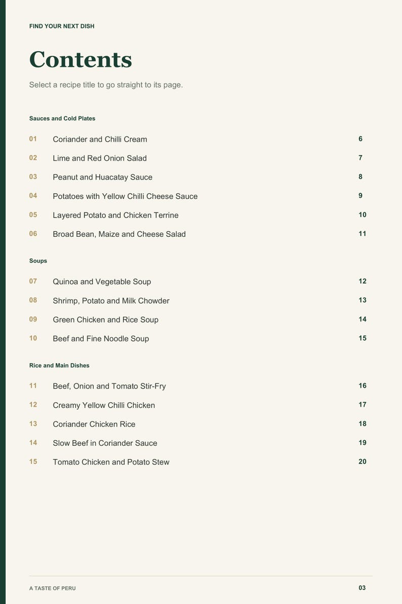Actual PDF page 3 from A Taste of Peru: Contents, page 1.
