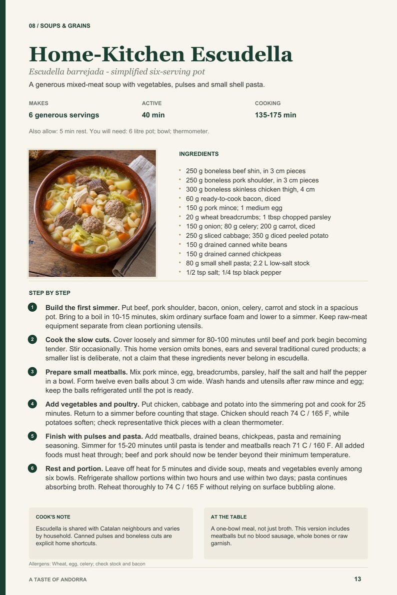 Actual PDF page 13 from A Taste of Andorra: Home-Kitchen Escudella recipe page.