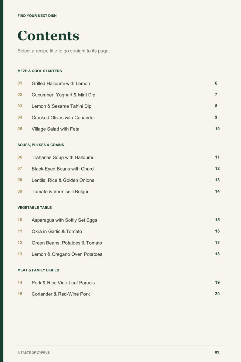 Actual PDF page 3 from A Taste of Cyprus: Contents, page 1.
