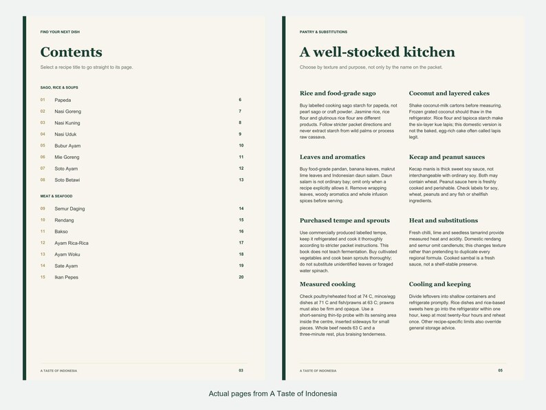 Actual contents and kitchen-notes pages from A Taste of Indonesia.