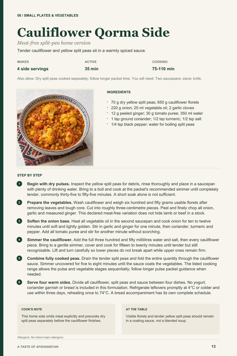 Actual PDF page 13 from A Taste of Afghanistan: Cauliflower Qorma Side recipe page.