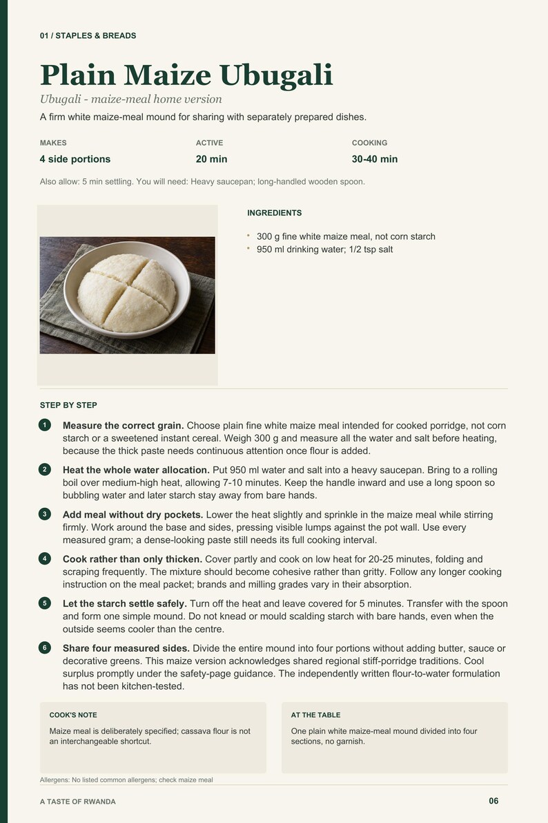 Actual PDF page 6 from A Taste of Rwanda: Plain Maize Ubugali recipe page.