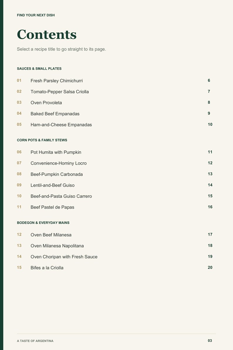 Actual PDF page 3 from A Taste of Argentina: Contents, page 1.