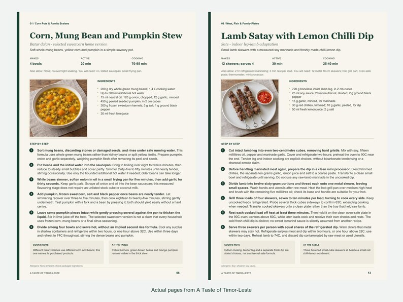 Two actual recipe pages from A Taste of Timor-Leste.