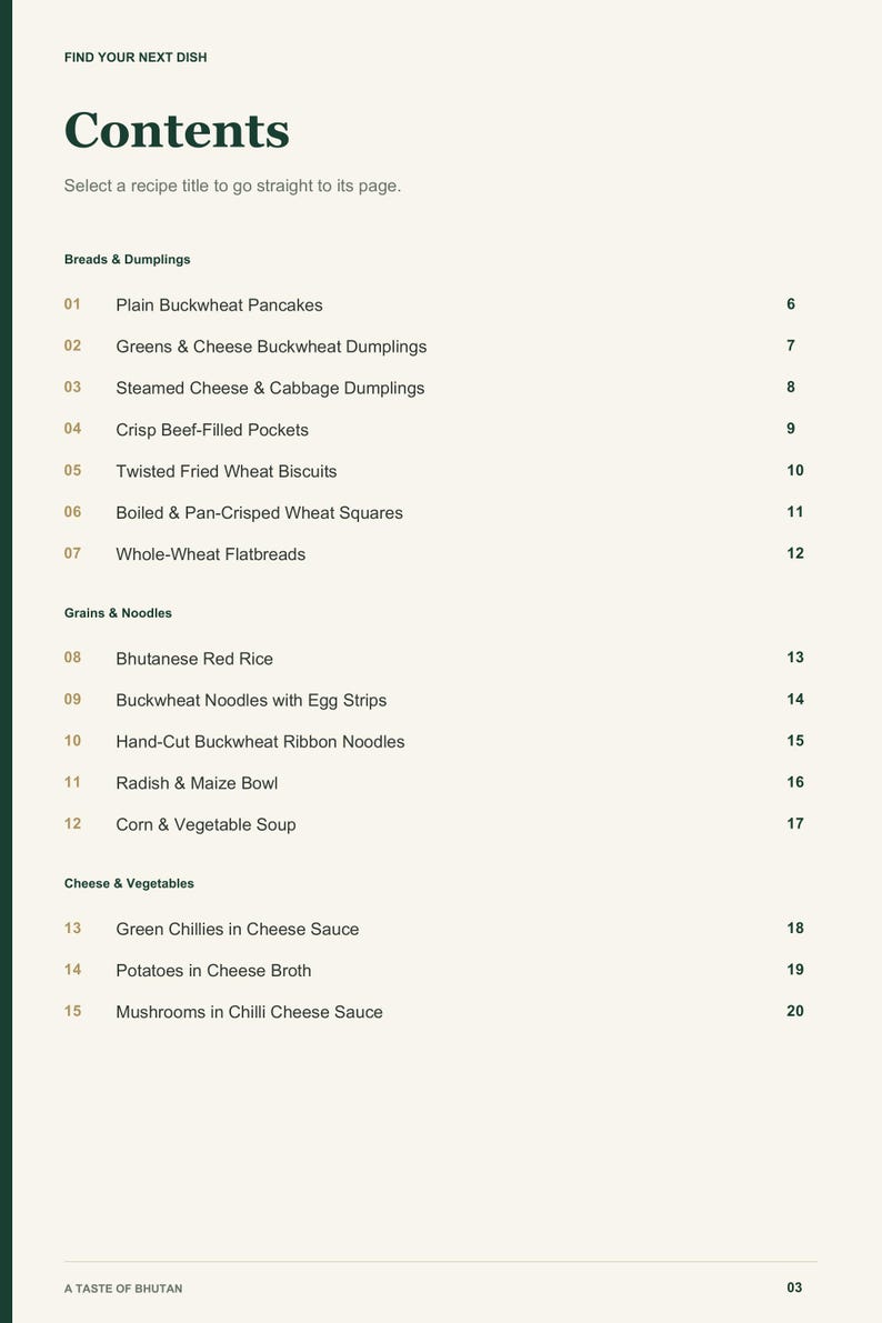 Actual PDF page 3 from A Taste of Bhutan: Contents, page 1.