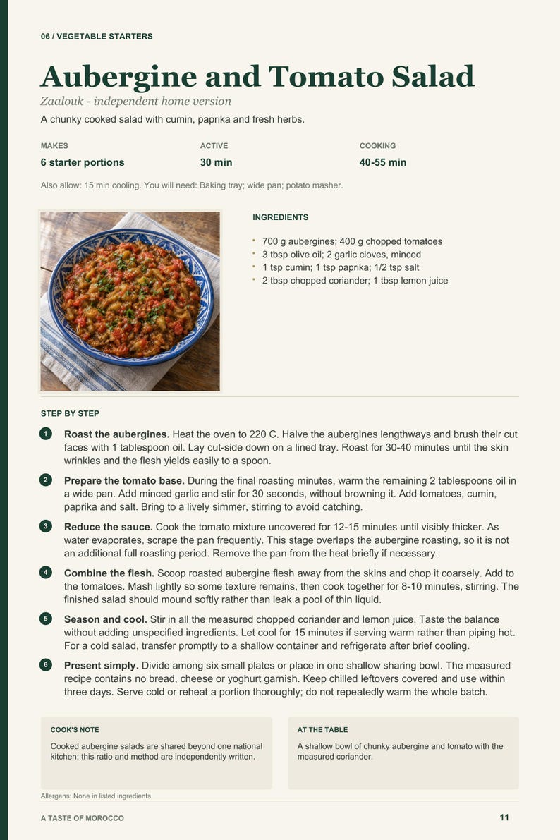 Actual PDF page 11 from A Taste of Morocco: Aubergine and Tomato Salad recipe page.