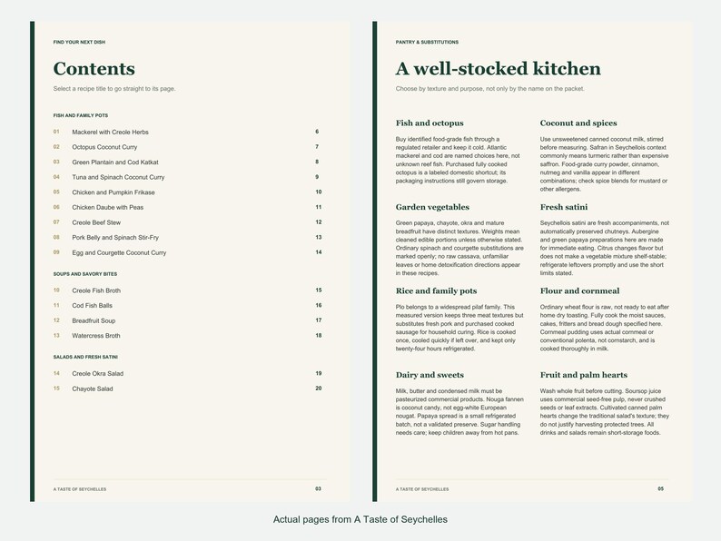 Actual contents and kitchen-notes pages from A Taste of Seychelles.