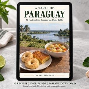 Digital cookbook mockup displaying the actual A Taste of Paraguay cover. English PDF download only; no tablet or physical book included.