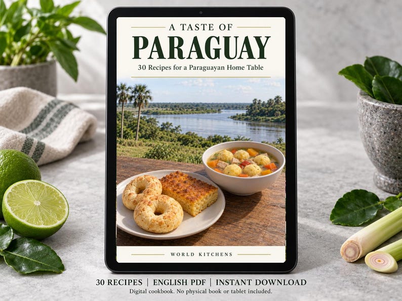 Digital cookbook mockup displaying the actual A Taste of Paraguay cover. English PDF download only; no tablet or physical book included.