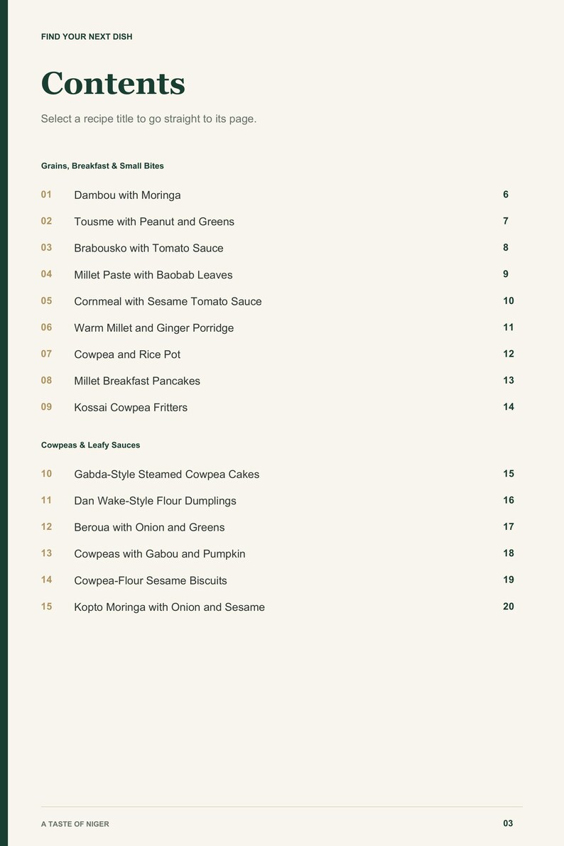 Actual PDF page 3 from A Taste of Niger: Contents, page 1.
