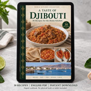 Digital cookbook mockup displaying the actual A Taste of Djibouti cover. English PDF download only; no tablet or physical book included.