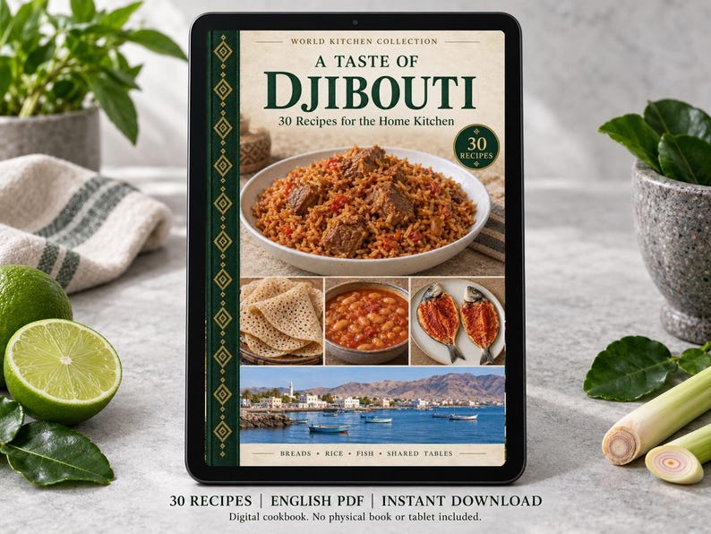 Digital cookbook mockup displaying the actual A Taste of Djibouti cover. English PDF download only; no tablet or physical book included.