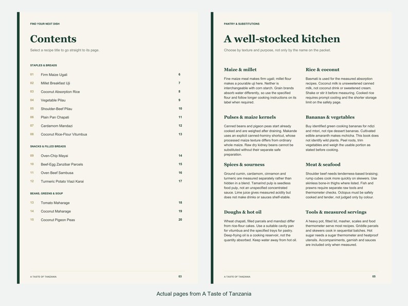 Actual contents and kitchen-notes pages from A Taste of Tanzania.