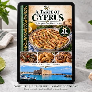 Digital cookbook mockup displaying the actual A Taste of Cyprus cover. English PDF download only; no tablet or physical book included.