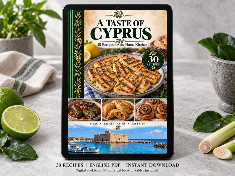Digital cookbook mockup displaying the actual A Taste of Cyprus cover. English PDF download only; no tablet or physical book included.