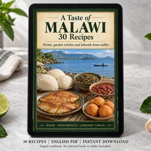 Digital cookbook mockup displaying the actual A Taste of Malawi cover. English PDF download only; no tablet or physical book included.