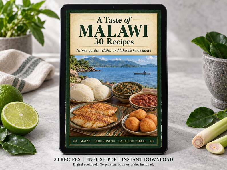 Digital cookbook mockup displaying the actual A Taste of Malawi cover. English PDF download only; no tablet or physical book included.