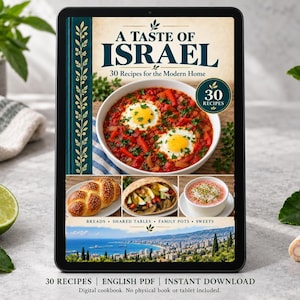 Digital cookbook mockup displaying the actual A Taste of Israel cover. English PDF download only; no tablet or physical book included.