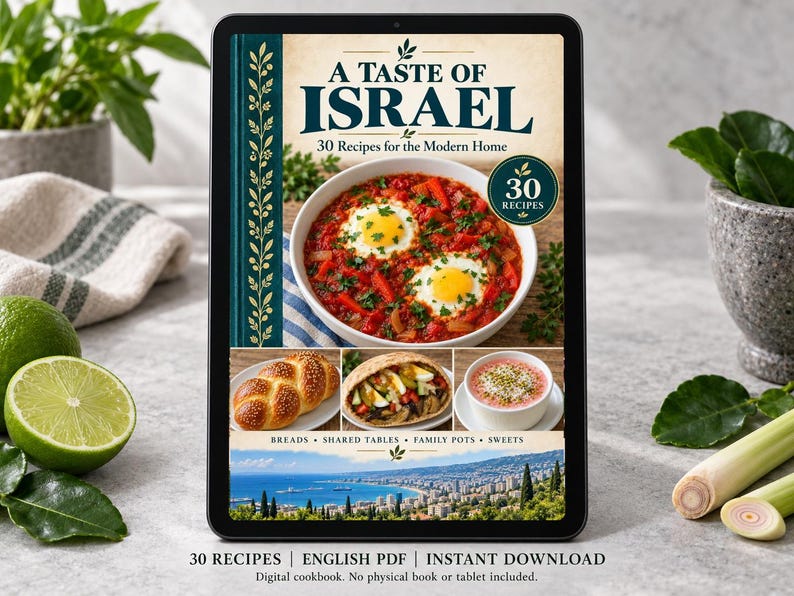 Digital cookbook mockup displaying the actual A Taste of Israel cover. English PDF download only; no tablet or physical book included.