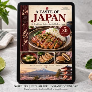 Puede incluir: Un libro de cocina digital titulado A Taste of Japan con 30 recetas tradicionales para el hogar moderno. La portada muestra un plato de carne glaseada con arroz, sopa de miso, gyoza y dorayaki, junto a un paisaje del monte Fuji y una pagoda.