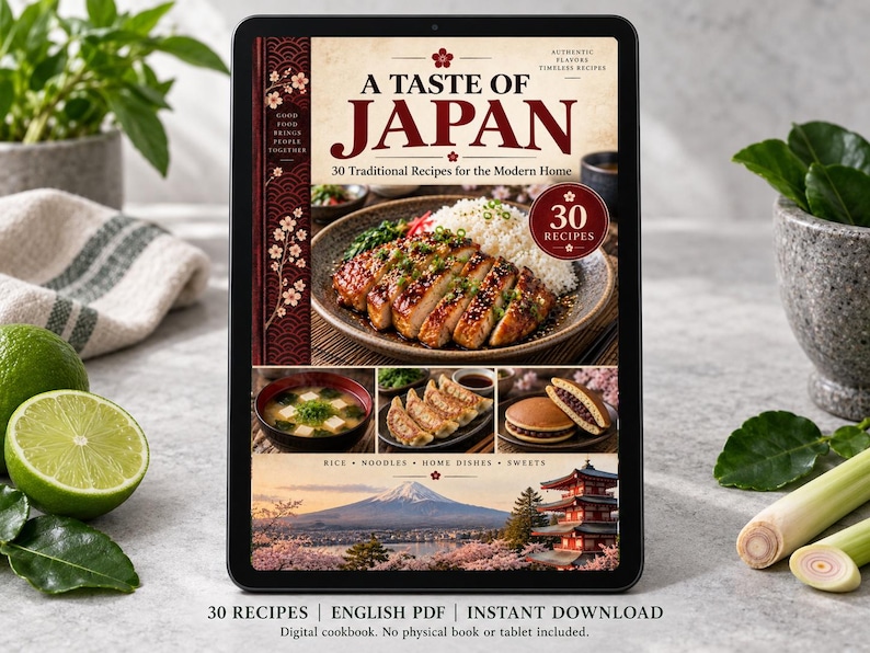 Digital cookbook mockup displaying the actual A Taste of Japan cover. English PDF download only; no tablet or physical book included.
