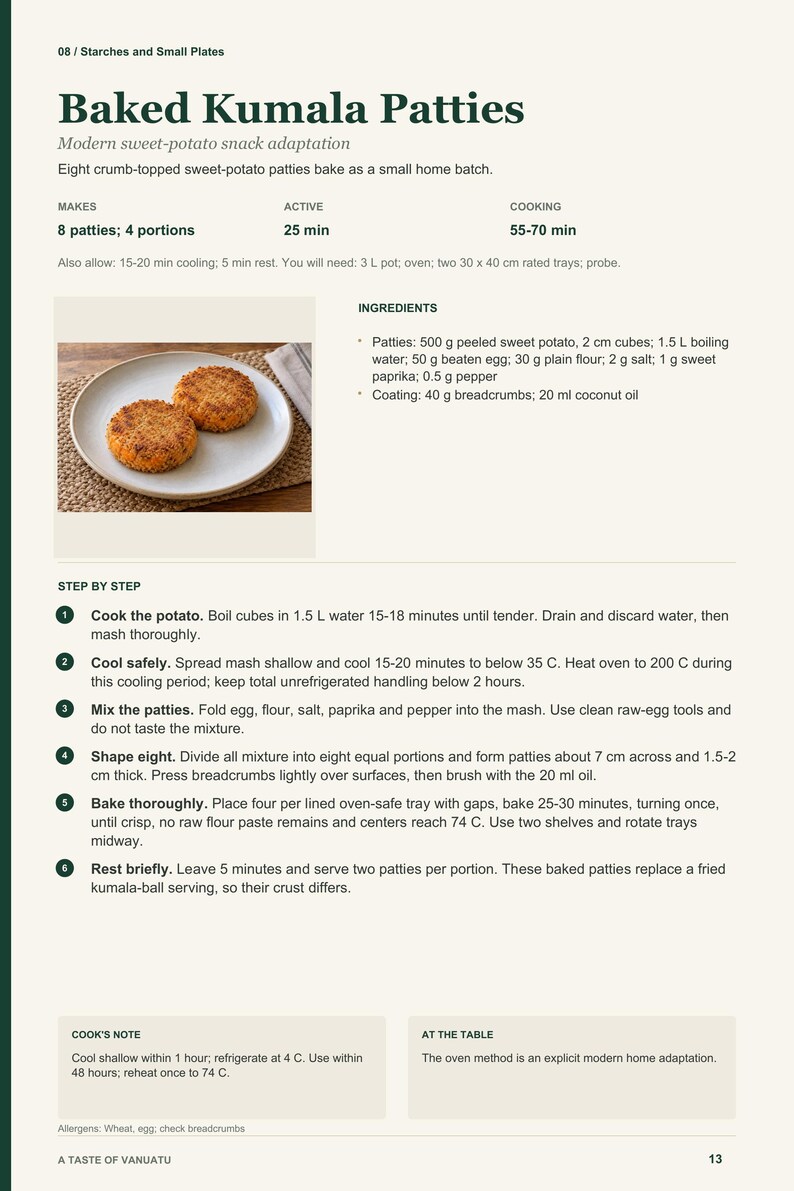 Actual PDF page 13 from A Taste of Vanuatu: Baked Kumala Patties recipe page.