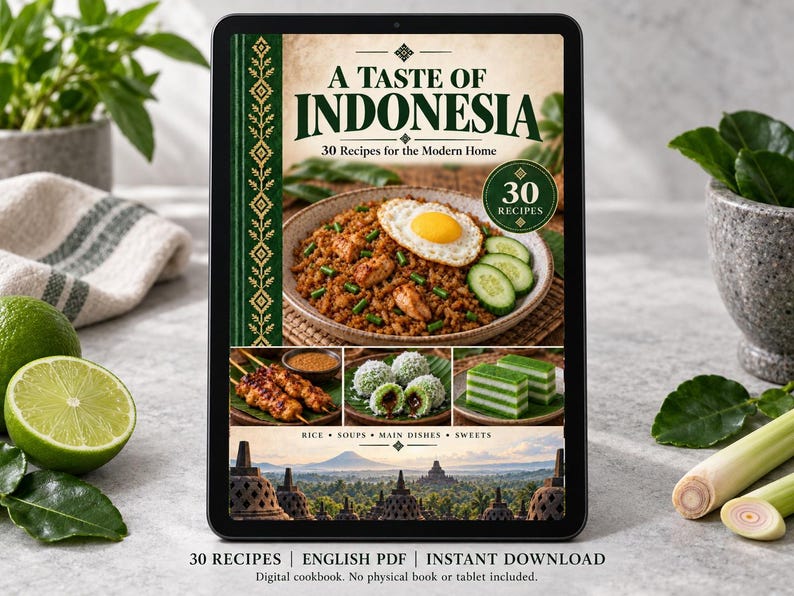 Digital cookbook mockup displaying the actual A Taste of Indonesia cover. English PDF download only; no tablet or physical book included.