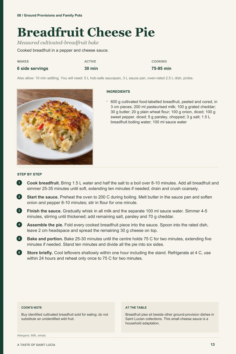 Actual PDF page 13 from A Taste of Saint Lucia: Breadfruit Cheese Pie recipe page.