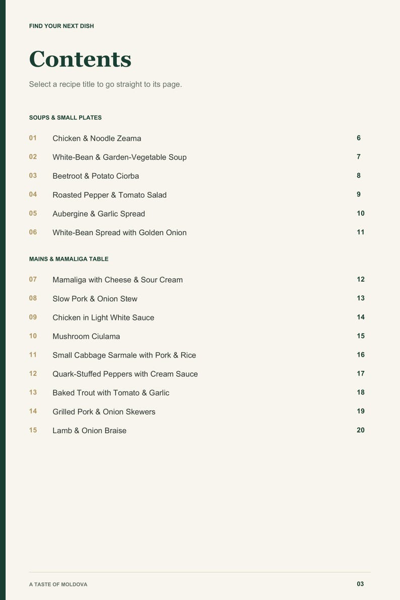 Actual PDF page 3 from A Taste of Moldova: Contents, page 1.