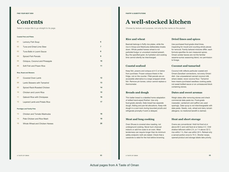 Actual contents and kitchen-notes pages from A Taste of Oman.