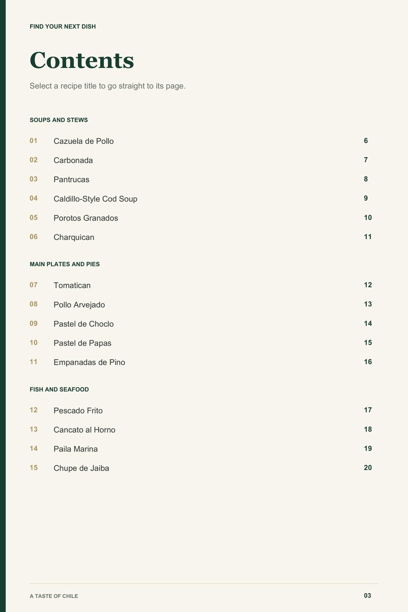 Actual PDF page 3 from A Taste of Chile: Contents, page 1.