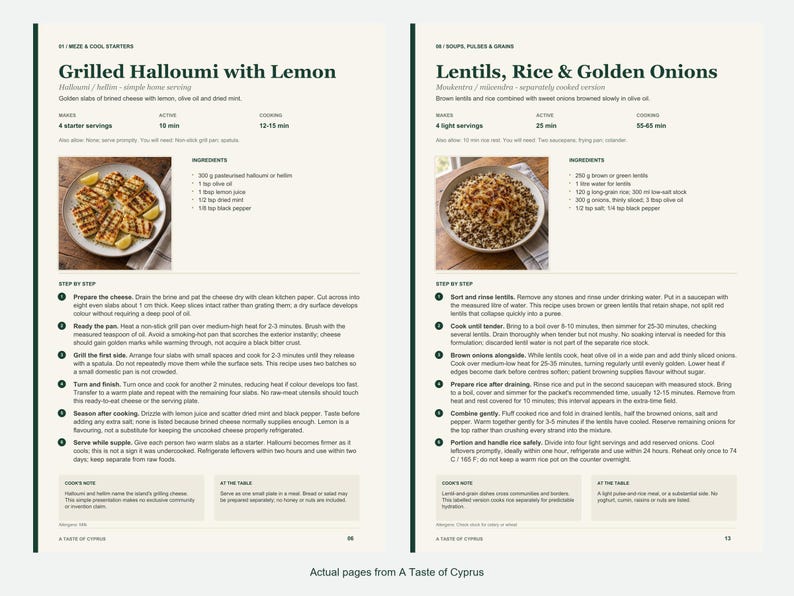 Two actual recipe pages from A Taste of Cyprus.
